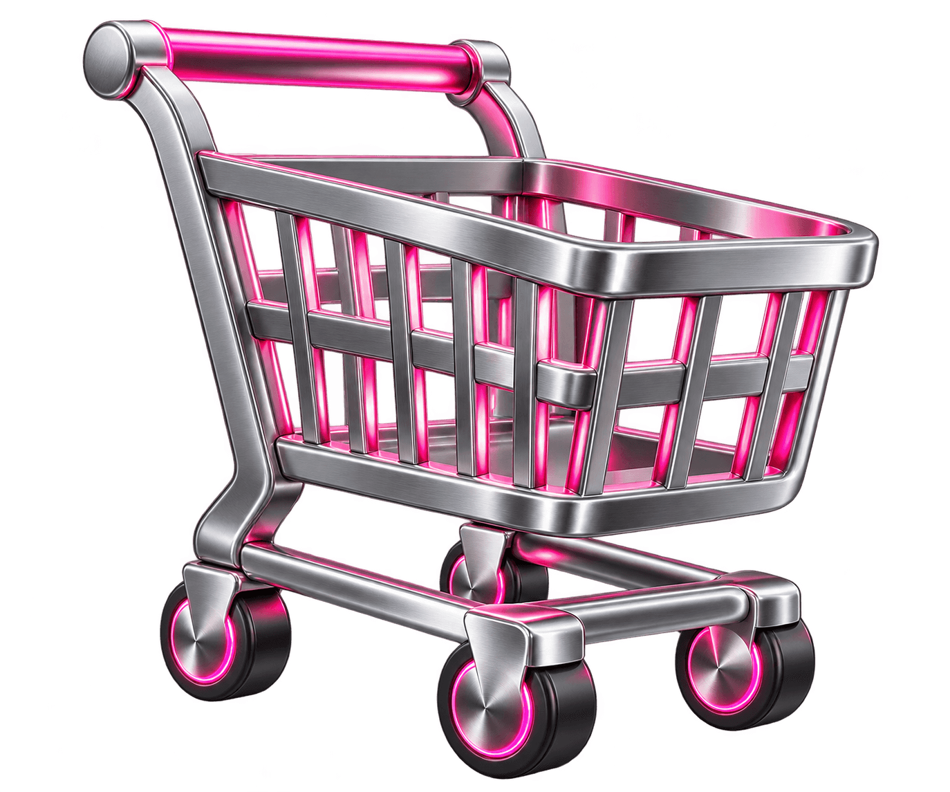 Carrinho de compras prateado com detalhes rosa